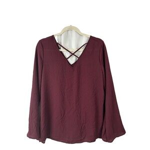rue21 Burgundy Criss Cross V Neck Blouse Long Sleeve Flowy Top Women’s L
